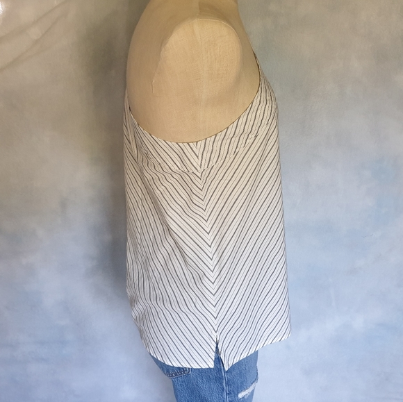 BP. Black & White Pinstripe Split Long Sleeve One Shoulder Dress Blouse Sz XXS - Picture 10 of 16